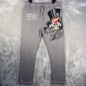 Ed Hardy Mens Sweatpants Joggers Light Grey Skull Tattoo Print Size L NWT